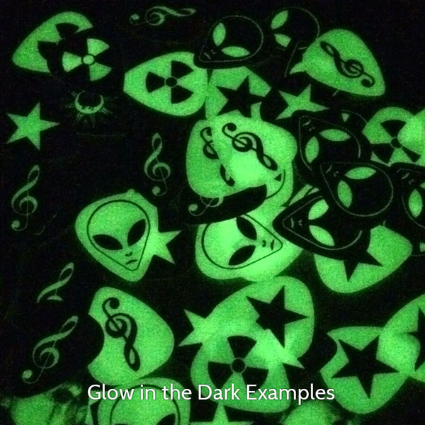 Celluloid Glow In The Dark Printed Picks - Single Sided - Custom Printed Picks - Custom Plektrum - Plektren Bedrucken - puas personalizadas